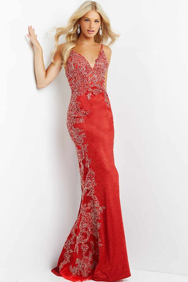 JVN2205 Red Embroidered Form Fitting Prom Dress
