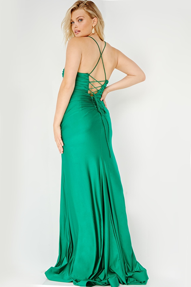 JVN22312 Emerald Spaghetti Strap High Slit Plus Size Prom Dress