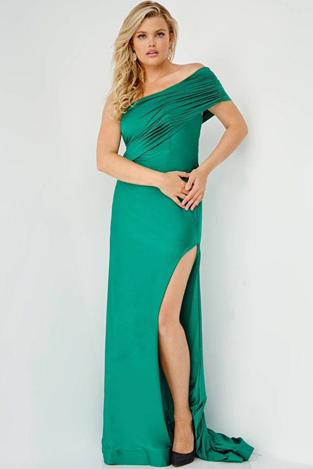 JVN22338 Emerald One Shoulder Fitted Plus Size Prom Dress