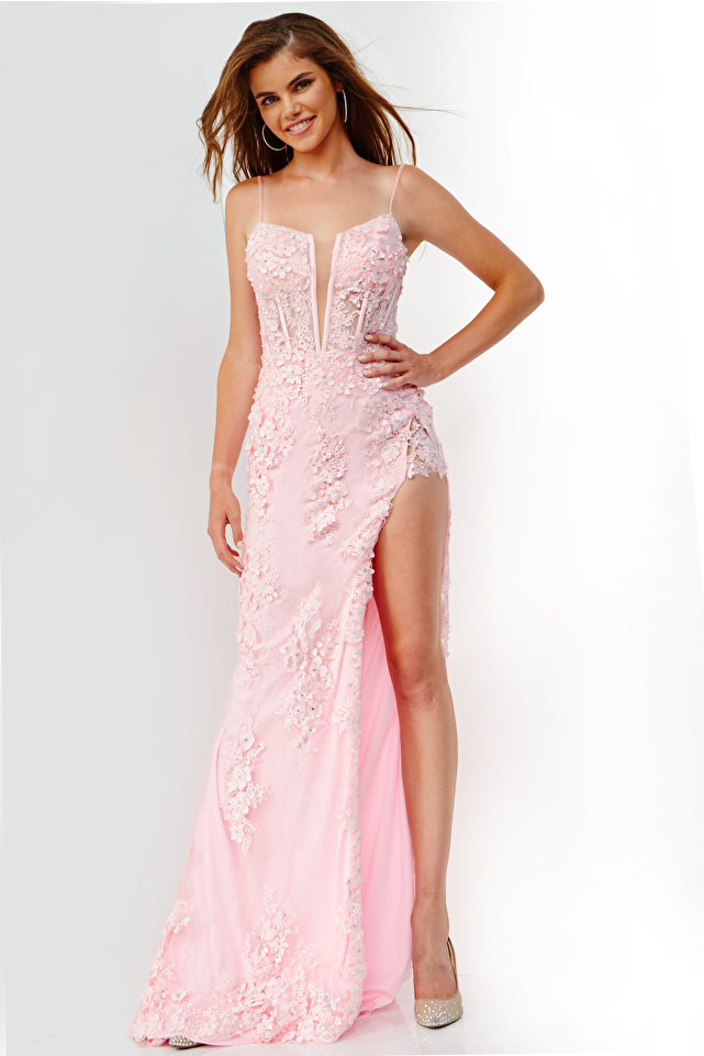 JVN22343 Blush Embroidered High Slit Prom Dress