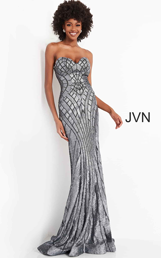 JVN2239 Silver Sequin Sweetheart Neckline Prom Dress