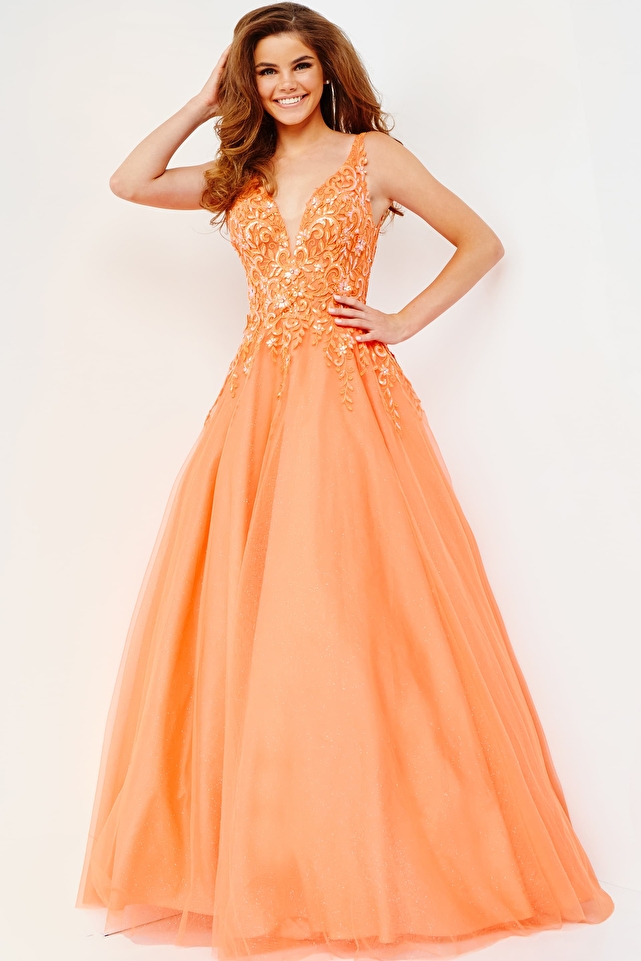 JVN22831 Orange Embellished A Line Prom Ballgown