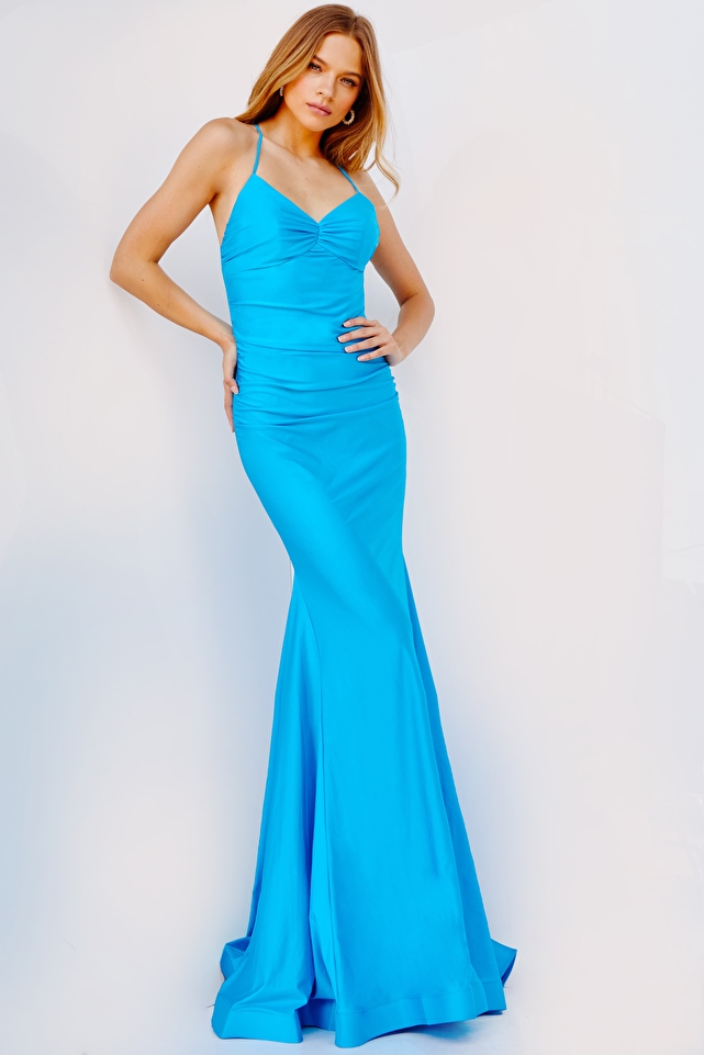 JVN22880 Hot Blue Ruched Bust Fitted Prom Dress