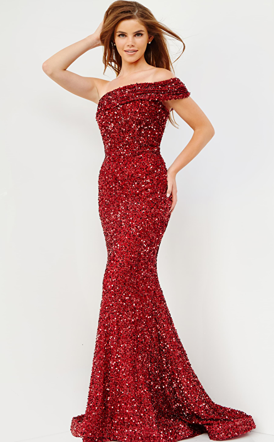 JVN23116 Burgundy One Shoulder Sequin Prom Dress