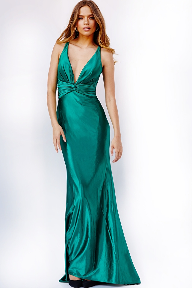 JVN23121 Emerald Plunging Neck Open Back Prom Dress