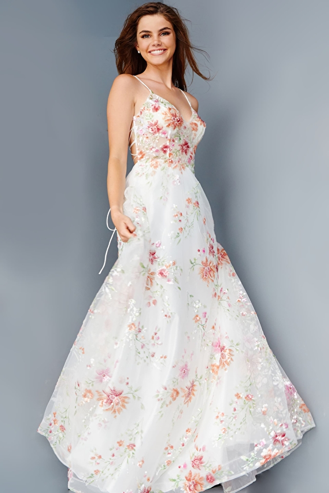 JVN23212 Off White Floral Embellished A Line Prom Dress