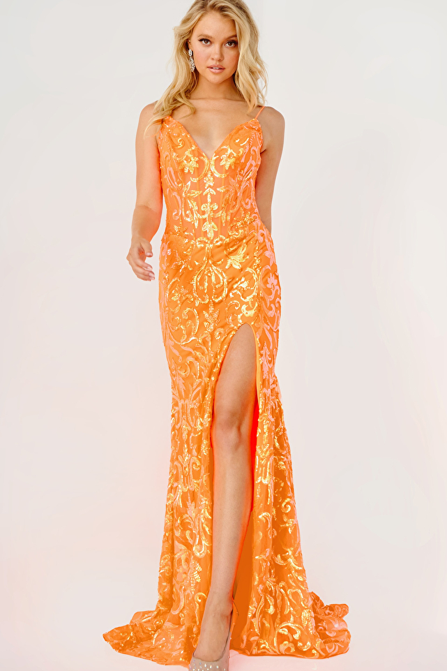 Orange Beaded Corset Bodice Prom Dress JVN23216