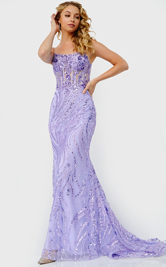 JVN23250 Lilac Tie Back Embellished Prom Dress