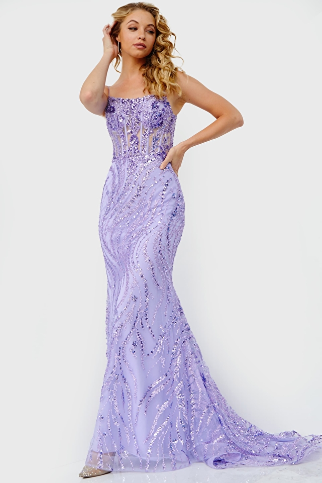 JVN23250 Lilac Tie Back Embellished Prom Dress