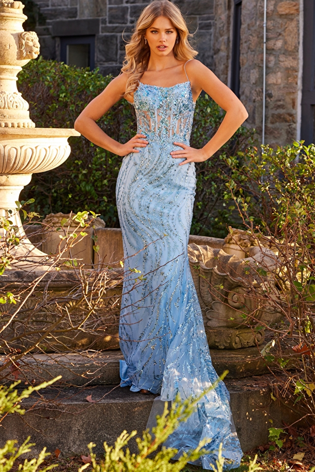 JVN23250 Light Blue Embellished Sheath Prom Dress
