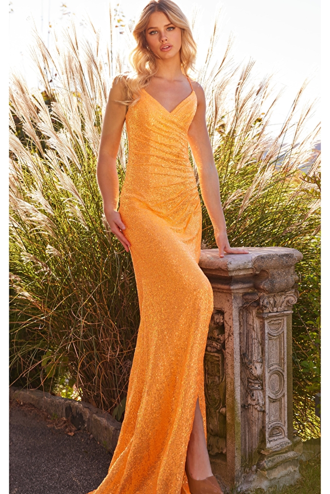 JVN23374 Sequin Spaghetti Strap High Slit Prom Dress
