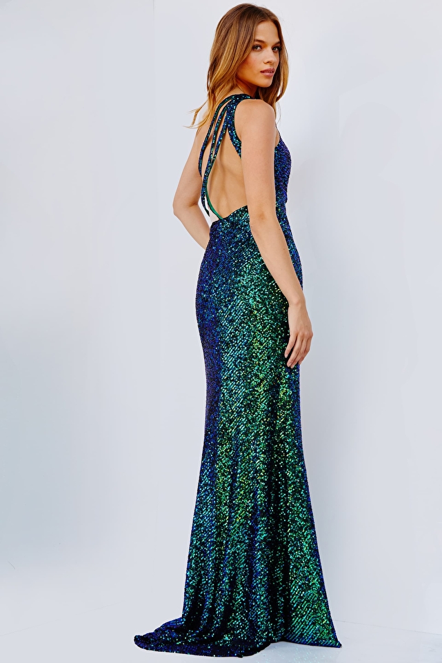 JVN23569 Emerald One Shoulder Sequin Prom Gown