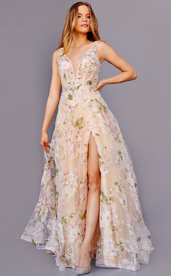 JVN23697 Floral Print Plunging Neck Maxi Prom Dress