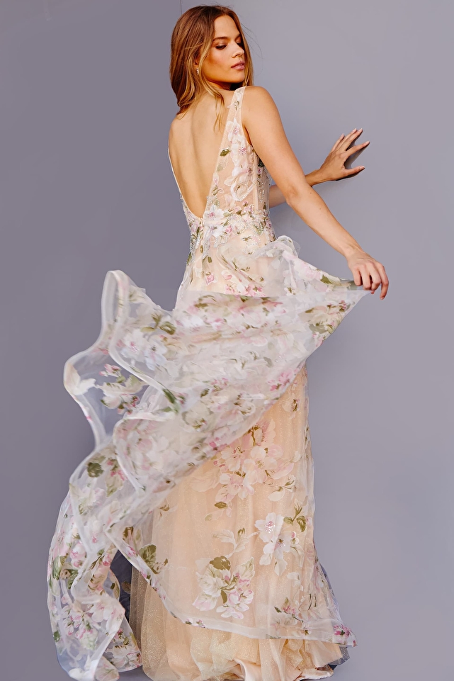 JVN23697 Floral Print Plunging Neck Maxi Prom Dress