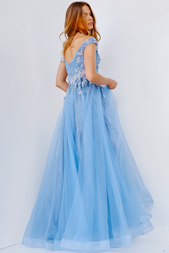 JVN23698 Sky Blue Off the Shoulder Tulle Prom Gown