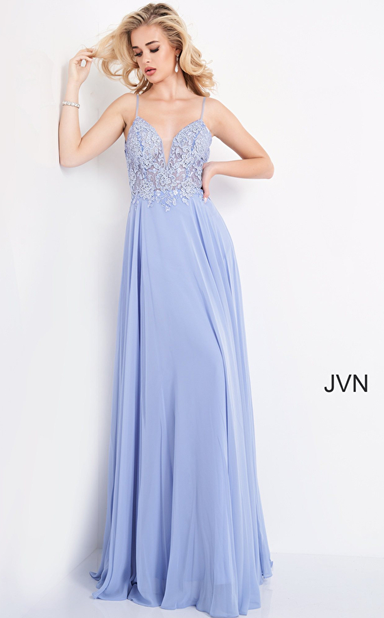 JVN2390 Light Blue Embroidered Bodice Maxi Prom Dress 