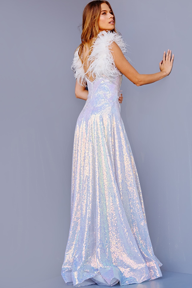 JVN24164 Iridescent White Feather Shoulders Prom Dress