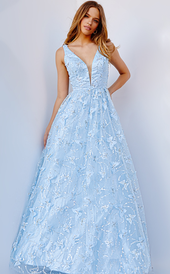 JVN24182 Light Blue Plunging Neck A Line Prom Gown