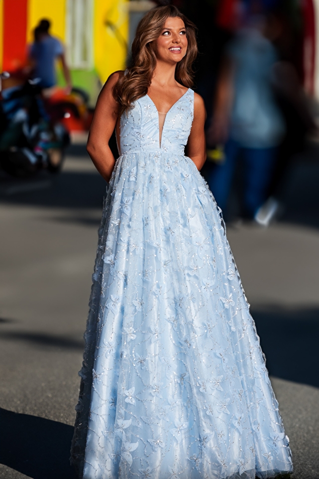 JVN24182 Light Blue Plunging Neck A Line Prom Gown
