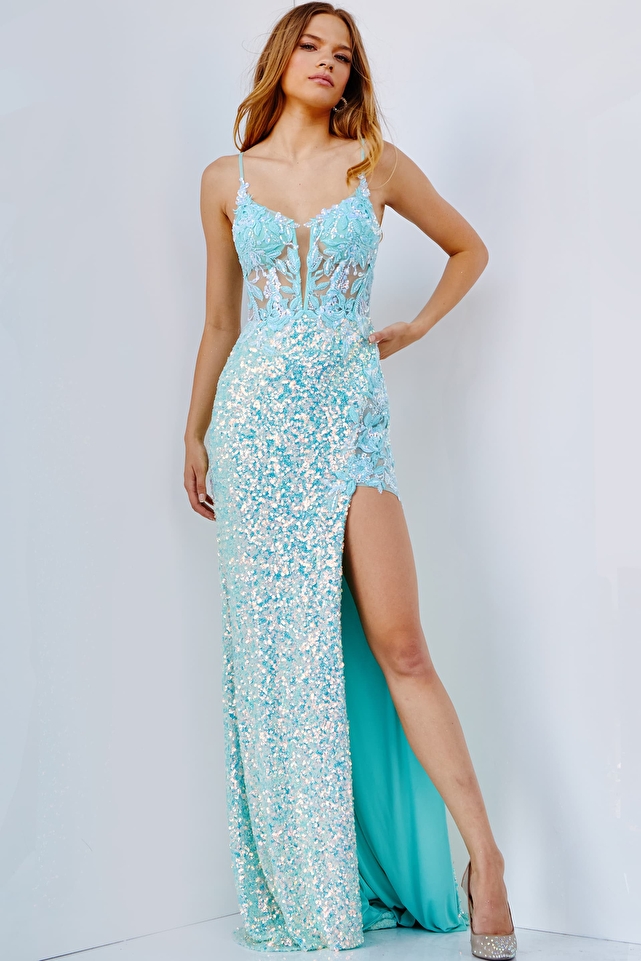 JVN24299 Aqua Illusion Bodice Plunging Neck Prom Dress