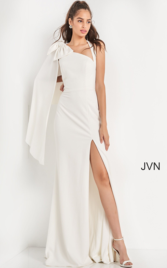 JVN2516 Ivory Sheath Open Back Prom Dress