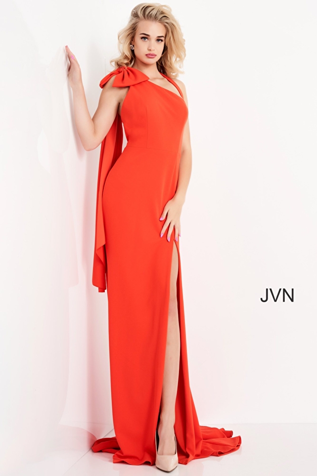 JVN2516 Orange High Slit Fitted Prom Dress