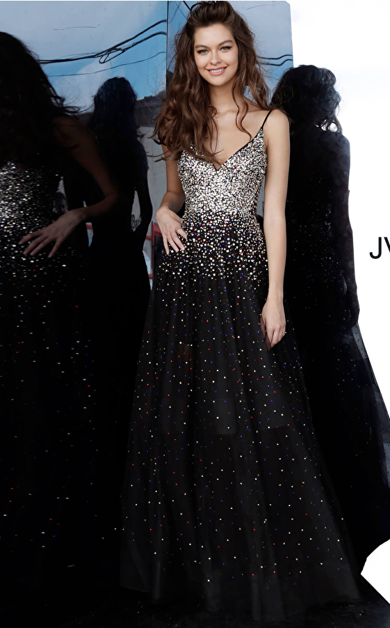 JVN2566 Black Multi Beaded Spaghetti Strap Prom Dress 