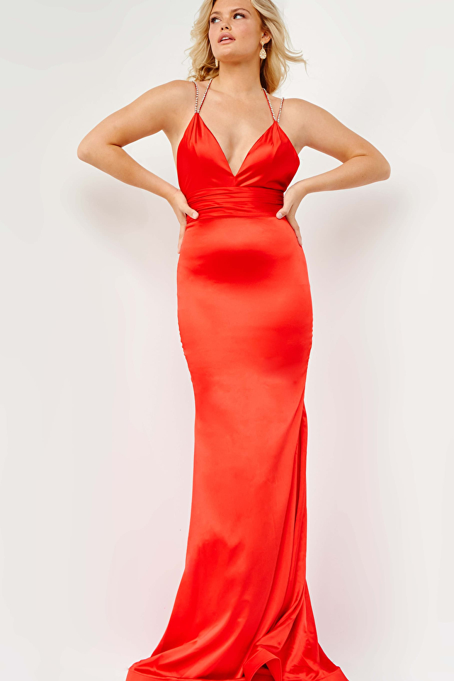 JVN3116 Red Satin Sheath Spaghetti Strap Prom Dress