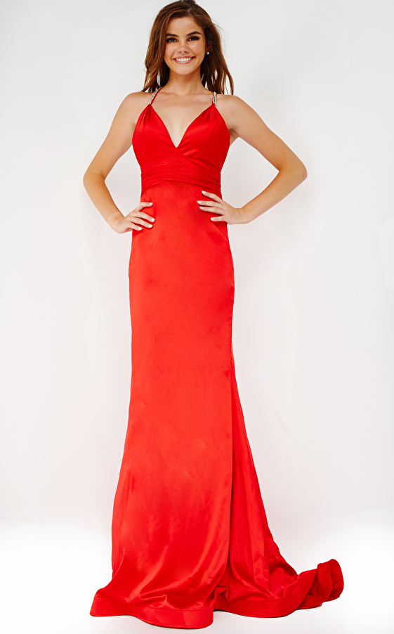 JVN3116 Red V Neck Sheath Satin Prom Dress