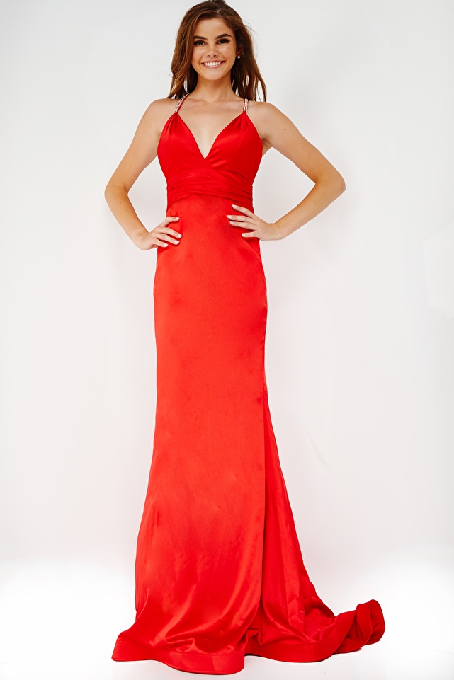 JVN3116 Red V Neck Sheath Satin Prom Dress