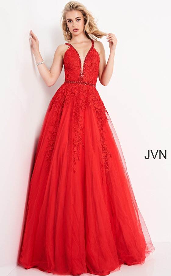 JVN3388 Red Plunging Neckline Lace Prom Gown 