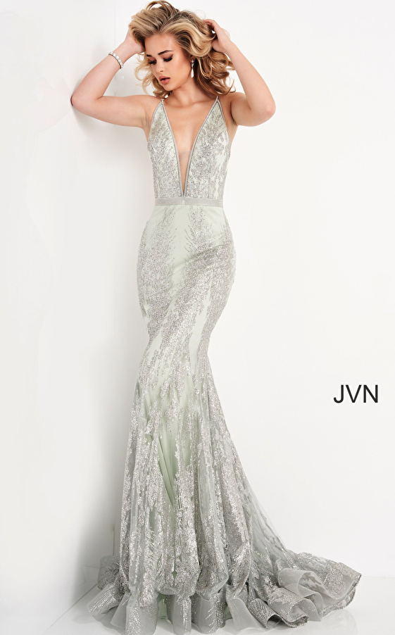 JVN3663 Mint Embellished Backless Prom Dress 
