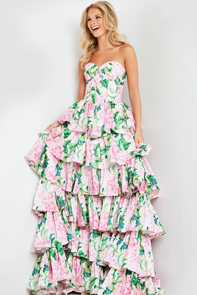 Floral Print Satin Strapless Gown JVN37058