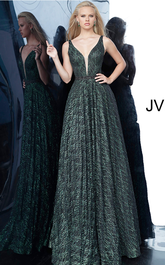 JVN3817 Green Plunging Neckline Sleeveless Prom Ballgown 