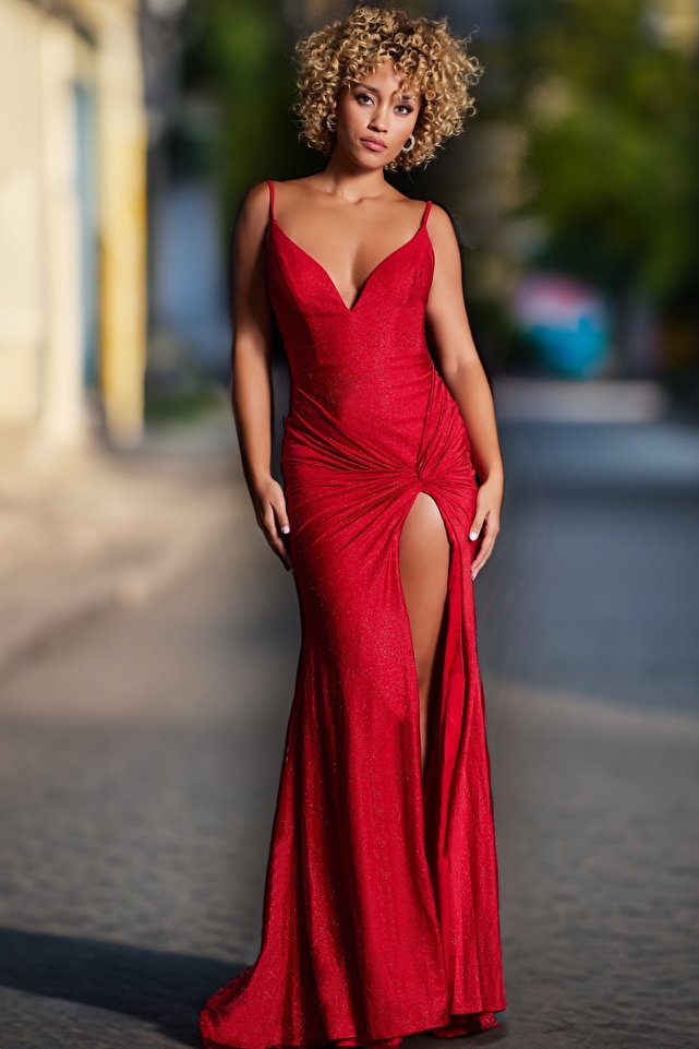 Red Glitter High Slit Formal Dress JVN38817