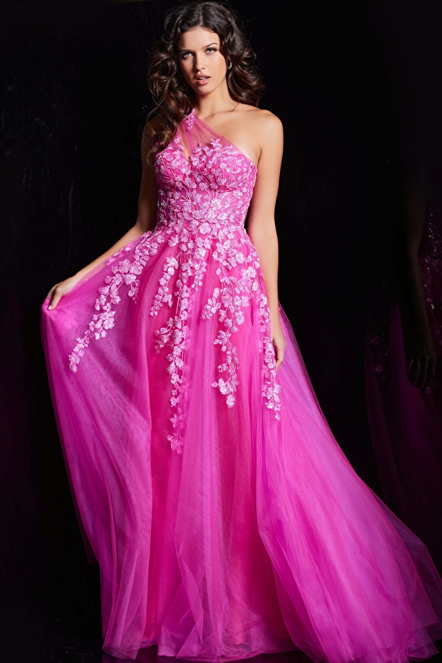 Fuchsia Floral embroidered A Line Gown JVN39318