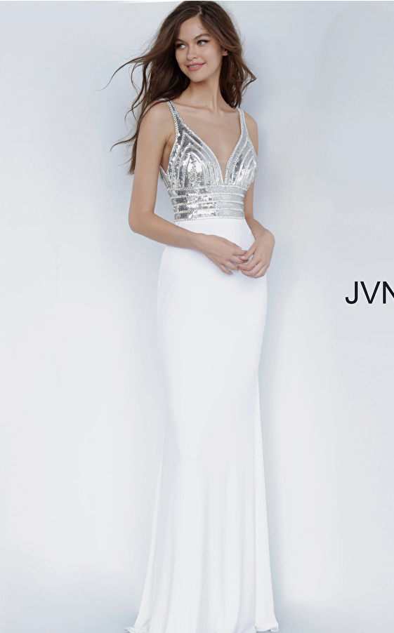 JVN4240 Silver and White Fitted Jersey Long Prom Dress