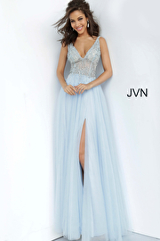 JVN4379 Dress | Blue Sheer Embellished Bodice Prom Gown