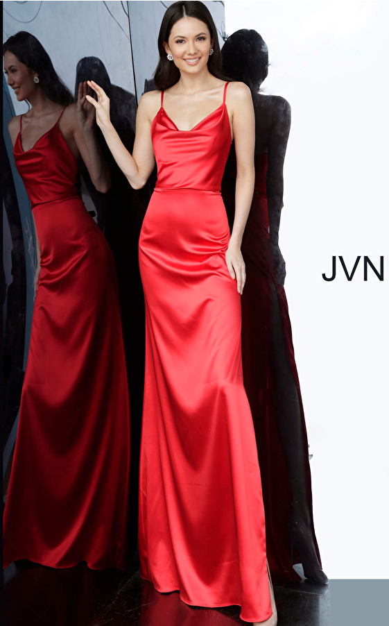 JVN4390 Red Cowl Neckline Side Slit Prom Dress 