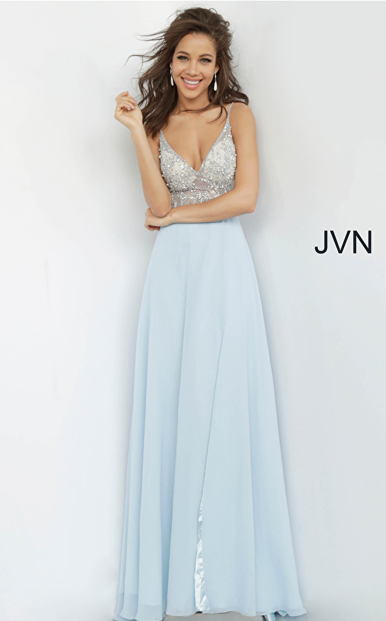 JVN4410 Light Blue Beaded Bodice V Neck Prom Dress 