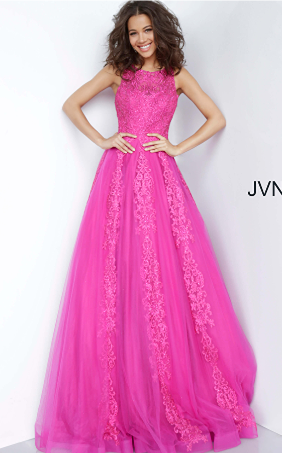 JVN59046 Burgundy Embellished Sleeveless Tulle Prom Ballgown