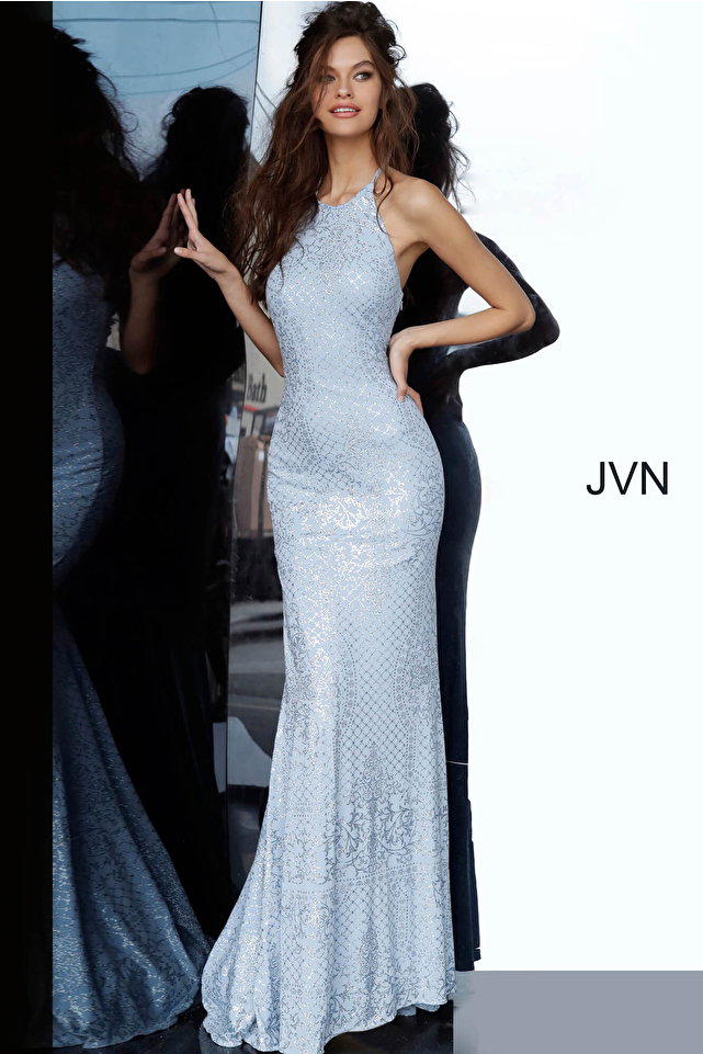 JVN60137 Tie Back Jersey Prom Dress 