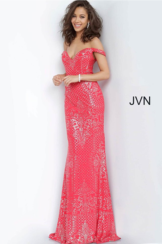 JVN60139 Red Off the Shoulder Fitted Prom Dress 