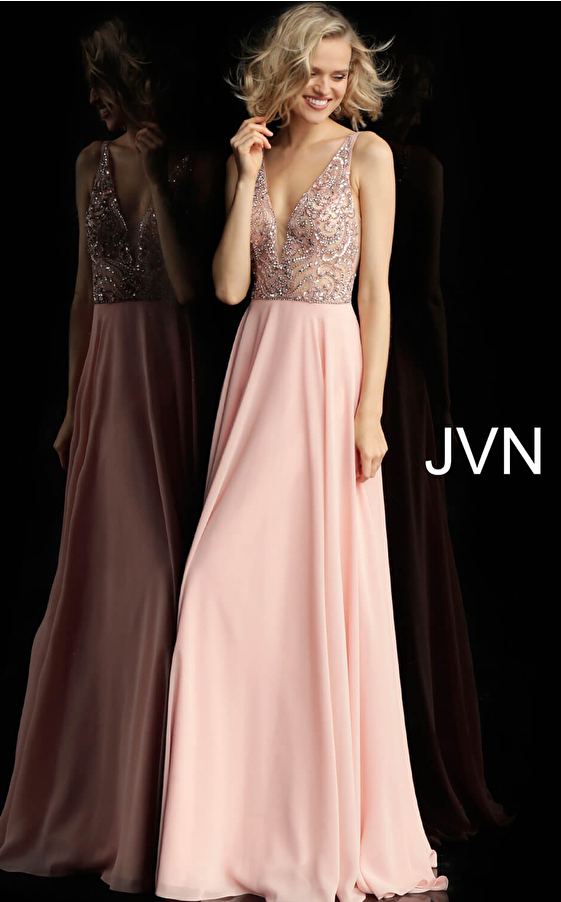 JVN60467 Blush Embellished Bodice Sleeveless Chiffon Prom Dress