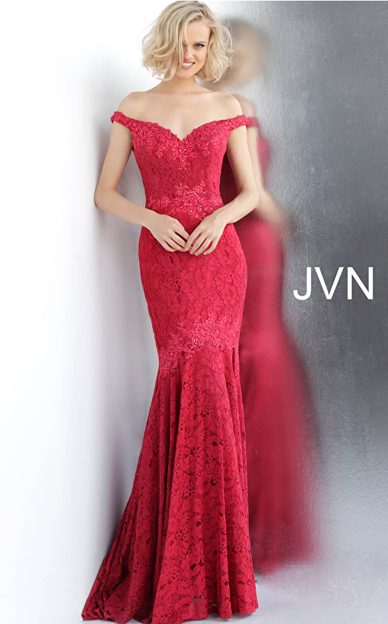 JVN62564 Red Embellished Off the Shoulder Lace Prom Dress