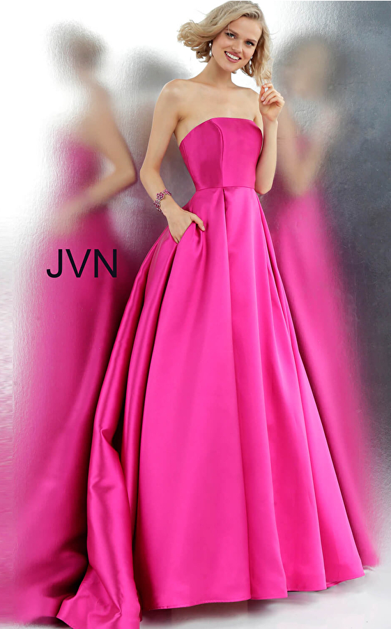 JVN62633 Fuchsia Strapless Pleated Skirt Prom Ballgown 