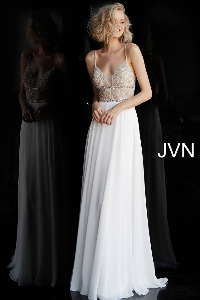 JVN64870 Off White Embellished Bodice Chiffon Dress