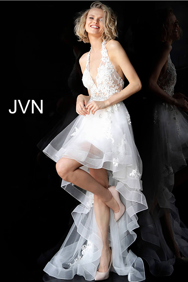 Off White Halter Neckline High Low Prom Dress JVN64882