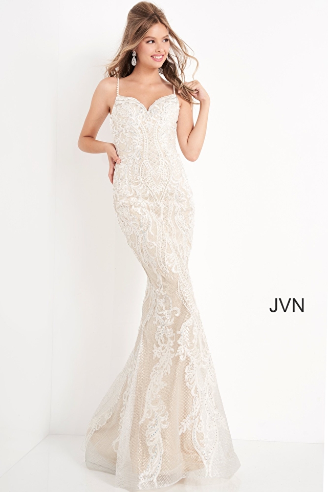JVN65529 Ivory Nude Spaghetti Strap Lace Prom Dress