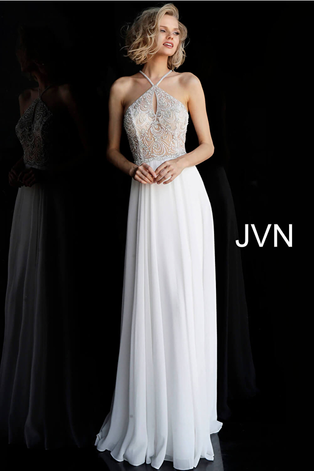 Off White Key Hole Neckline Chiffon Prom Dress JVN66065